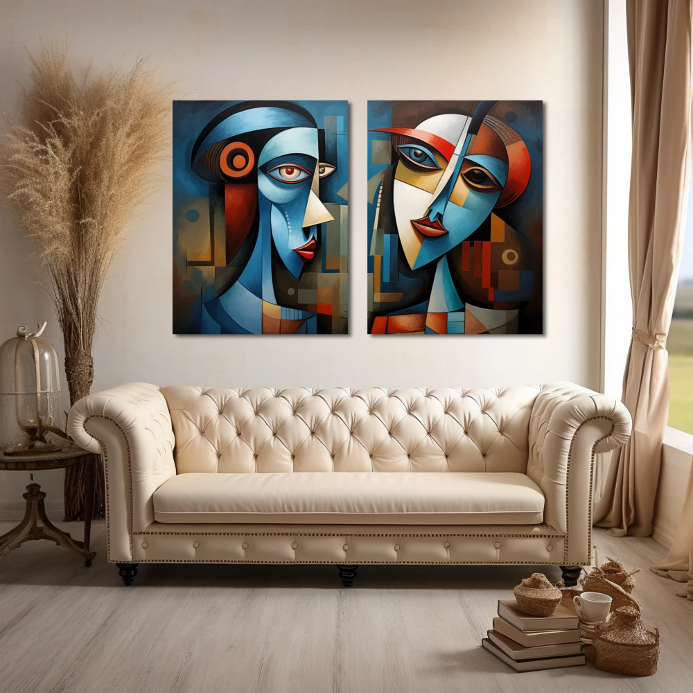 Wall Art titled: Romeo and Juliet in a Horizontal format with: Blue, Red, and Vivid Colors; Decoration the Above Couch wall