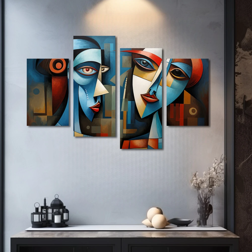 Wall Art titled: Romeo and Juliet in a Horizontal format with: Blue, Red, and Vivid Colors; Decoration the Grey Walls wall