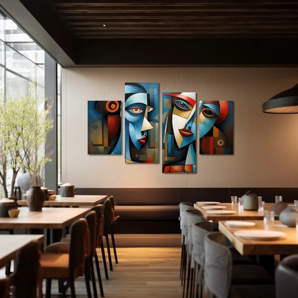 Cuadro romeo y julieta en formato políptico con colores azul, rojo, vivos; decorando pared de restaurante