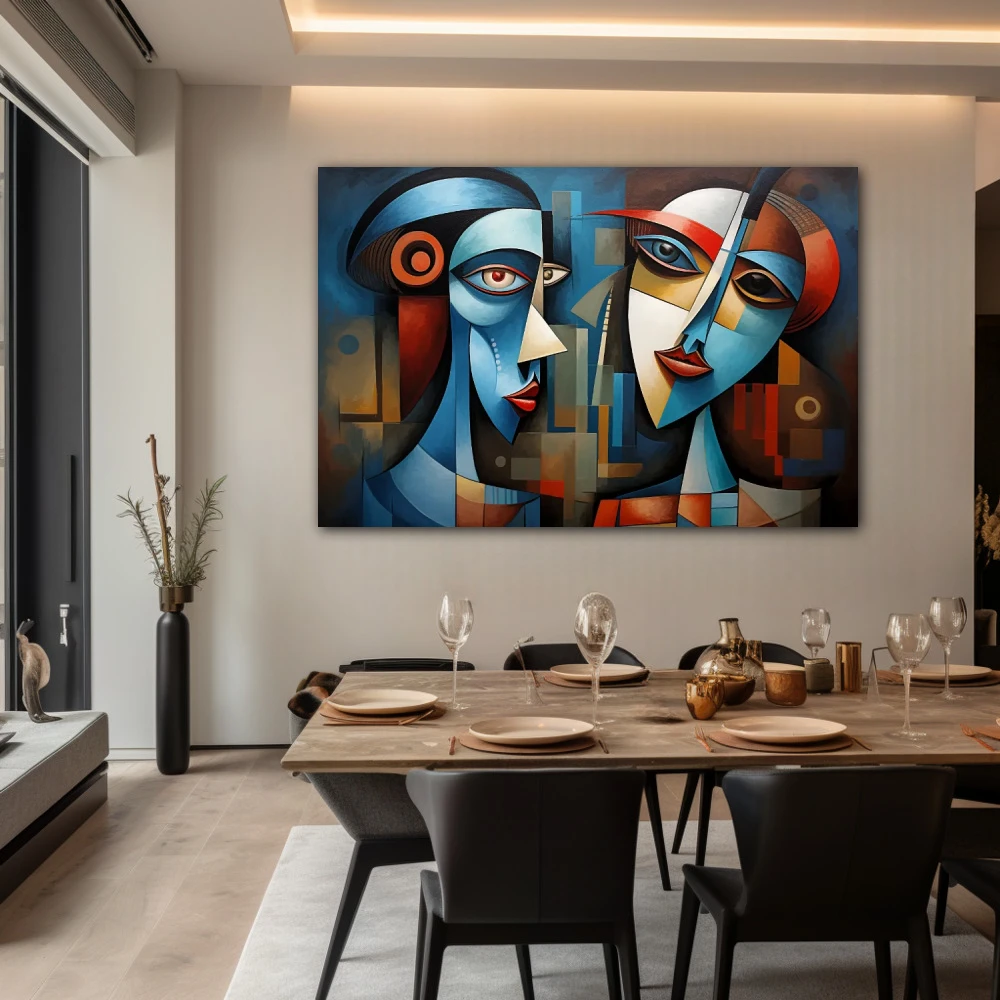 Wall Art titled: Romeo and Juliet in a Horizontal format with: Blue, Red, and Vivid Colors; Decoration the Living Room wall