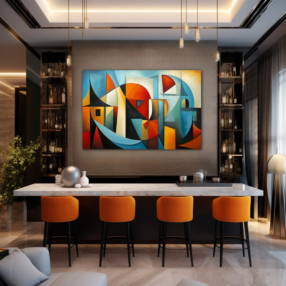 Cuadro entropía creativa en formato horizontal con colores celeste, mostaza, naranja; decorando pared de bar
