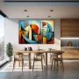 Cuadro Entropía Creativa en formato horizontal con colores Celeste, Mostaza, Naranja; Decorando pared de Cocina