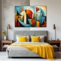 Cuadro Entropía Creativa en formato horizontal con colores Celeste, Mostaza, Naranja; Decorando pared de Habitación dormitorio