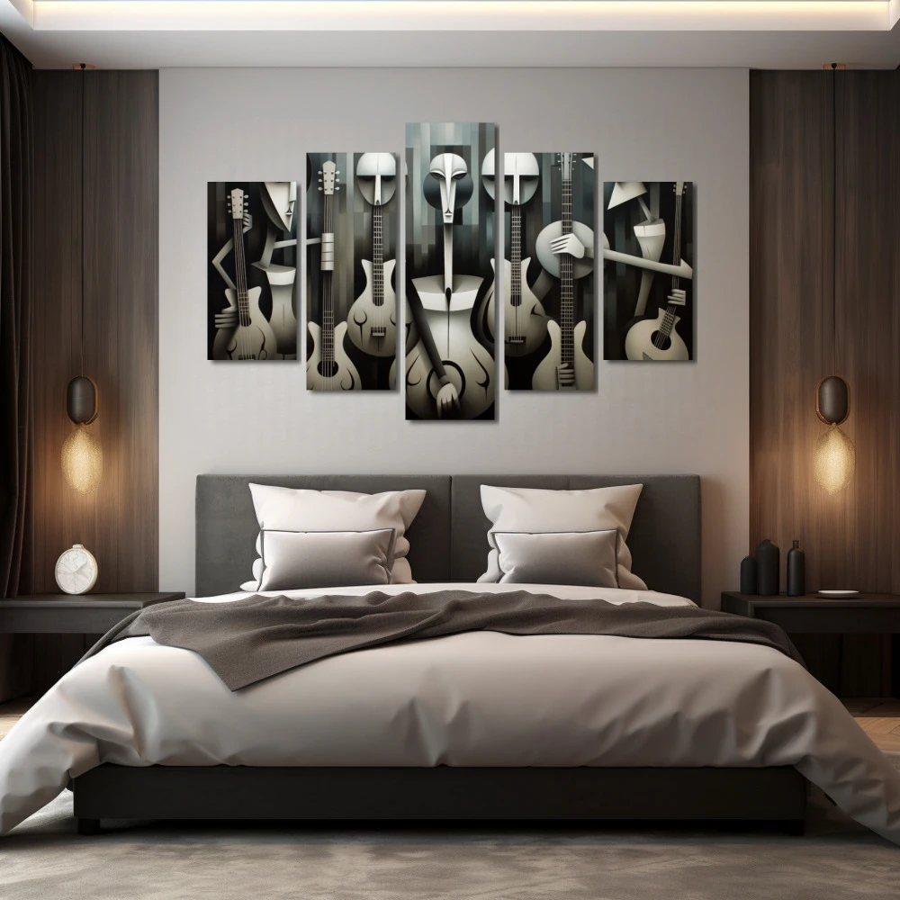 Cuadro the rolling resistors en formato políptico con colores blanco, gris, monocromático; decorando pared de habitación dormitorio