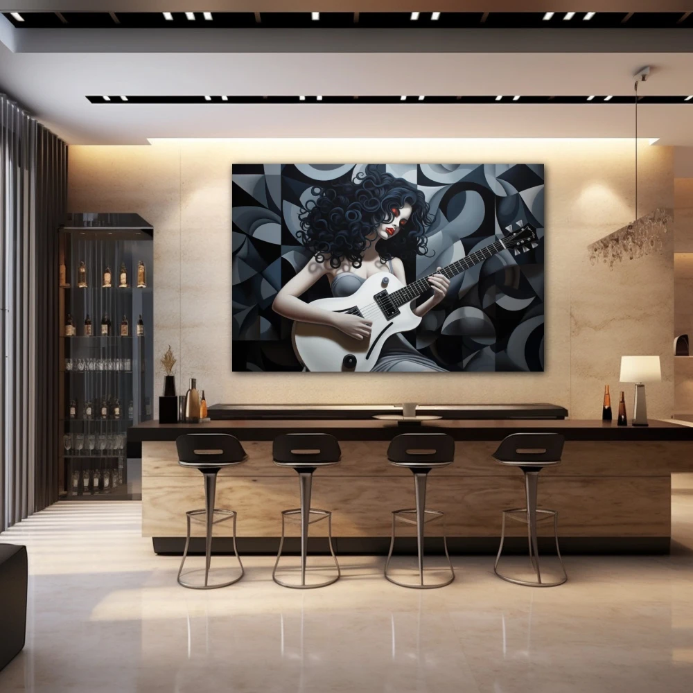 Wall Art titled: Rihanna Voltage in a Horizontal format with: white, Grey, and Black Colors; Decoration the Bar wall