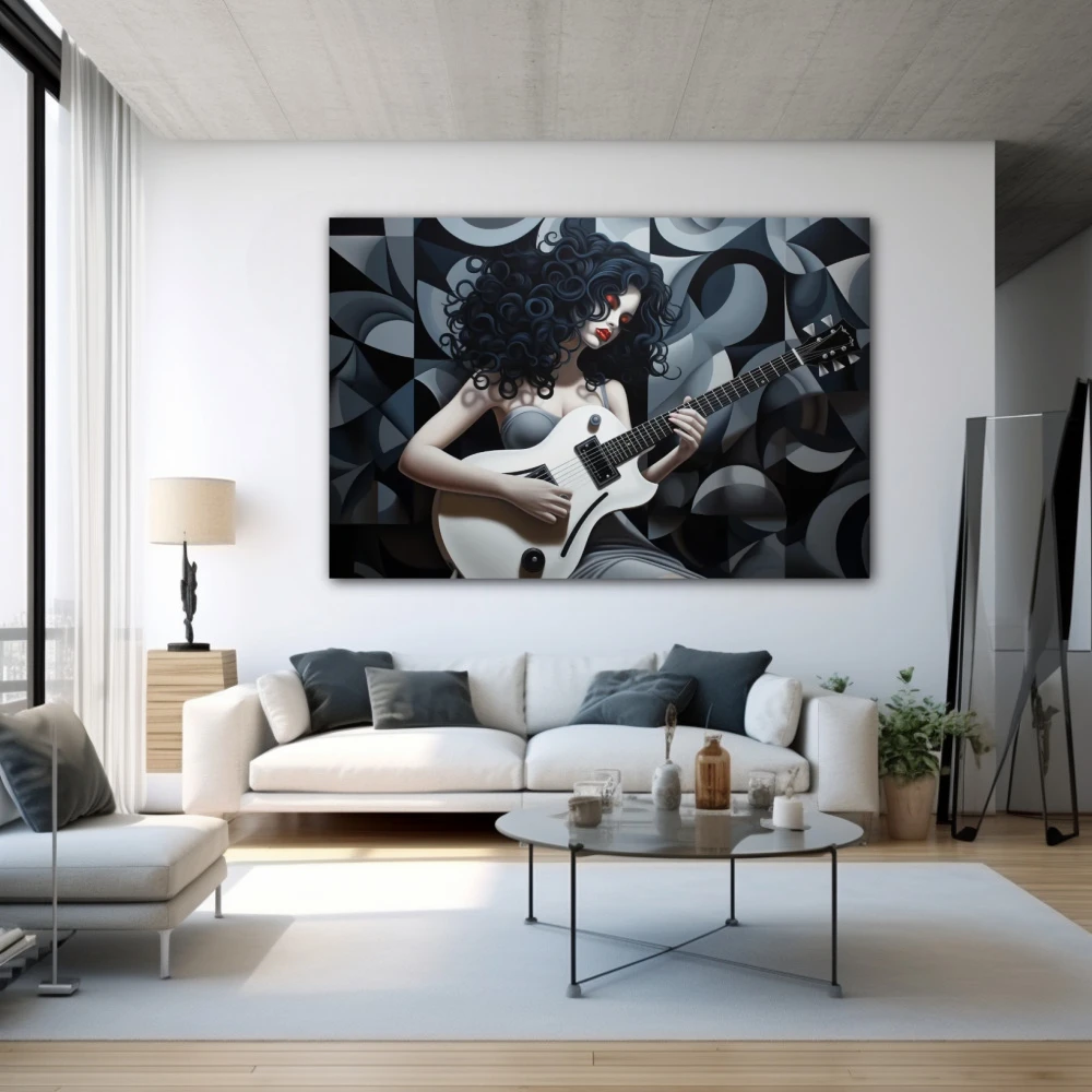 Wall Art titled: Rihanna Voltage in a Horizontal format with: white, Grey, and Black Colors; Decoration the White Wall wall