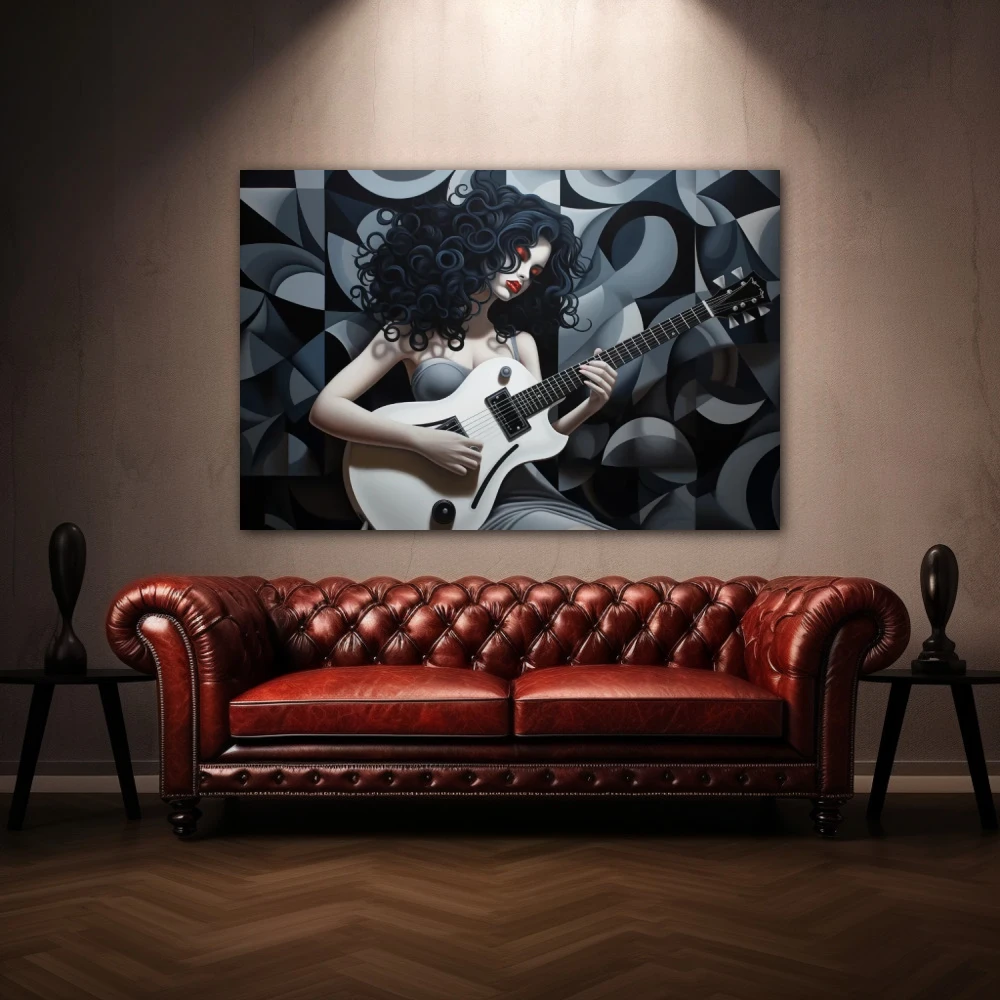 Wall Art titled: Rihanna Voltage in a Horizontal format with: white, Grey, and Black Colors; Decoration the Above Couch wall