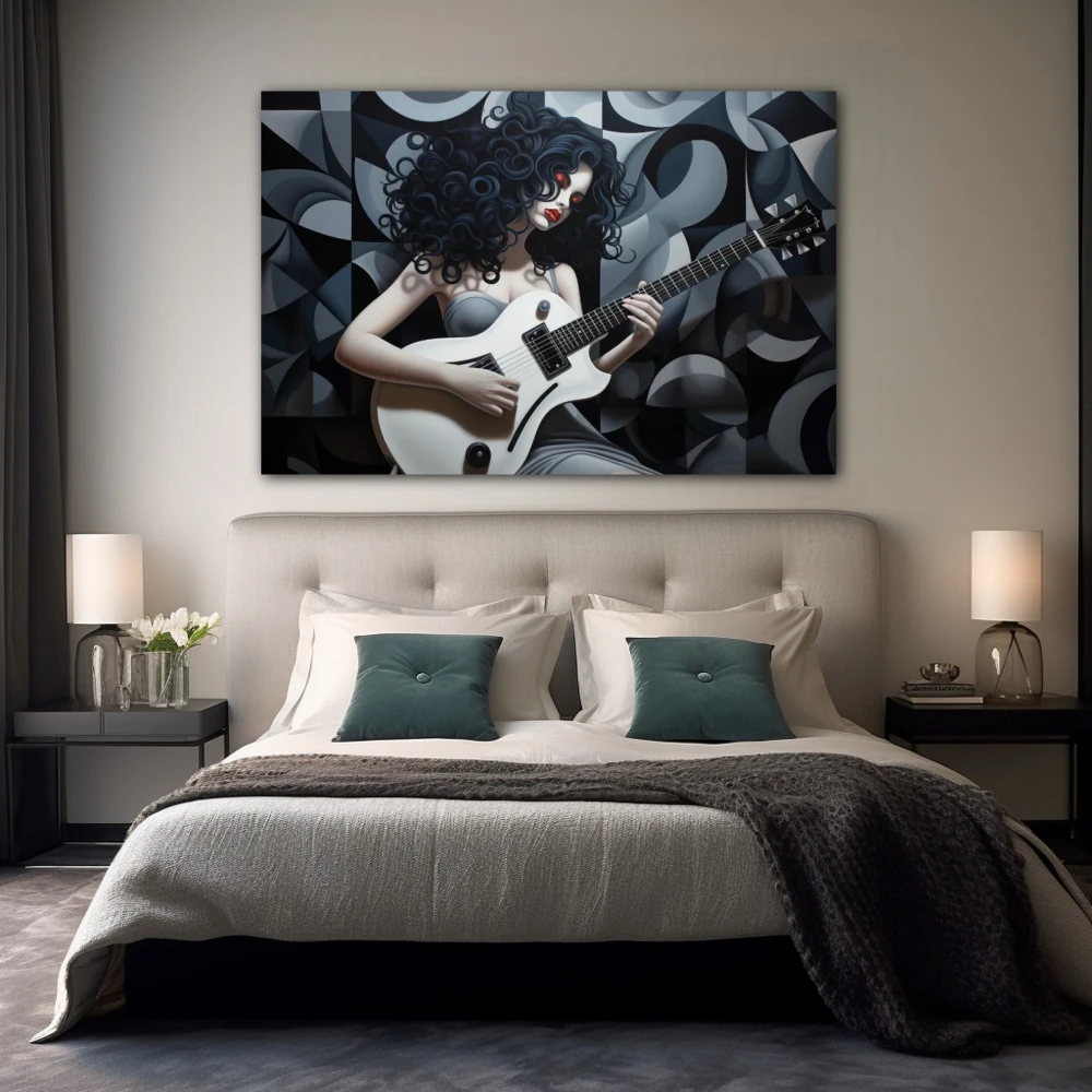 Cuadro rihanna voltage en formato horizontal con colores blanco, gris, negro; decorando pared de habitación dormitorio
