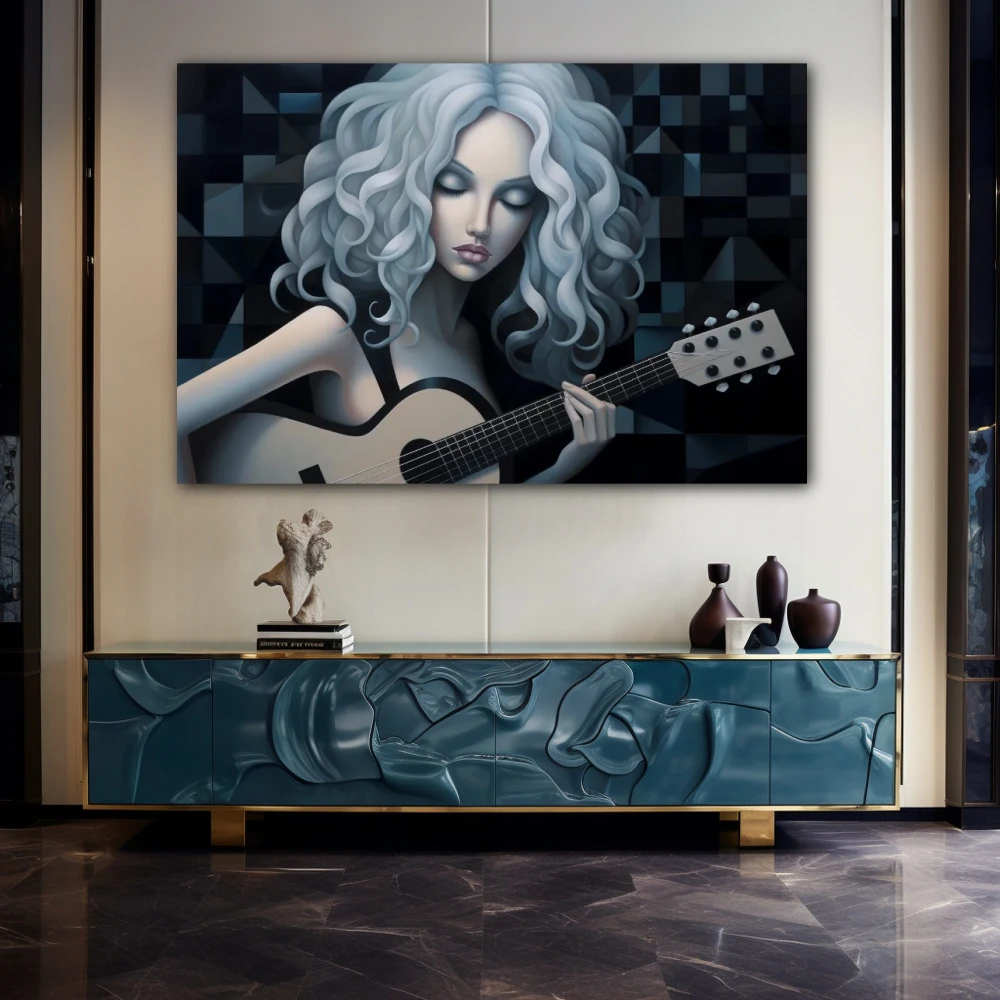 Wall Art titled: Lady Galactic in a Horizontal format with: white, Grey, and Monochromatic Colors; Decoration the Sideboard wall