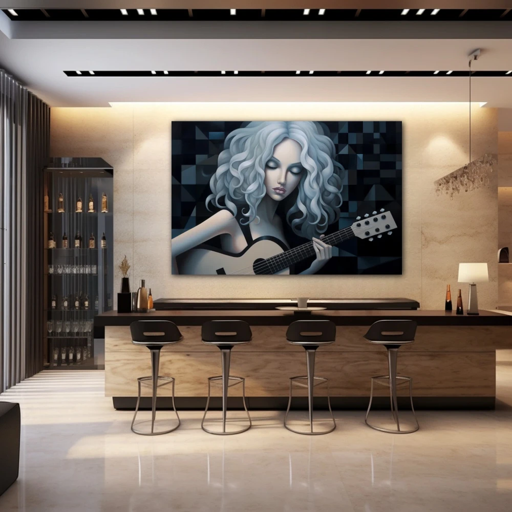 Wall Art titled: Lady Galactic in a Horizontal format with: white, Grey, and Monochromatic Colors; Decoration the Bar wall
