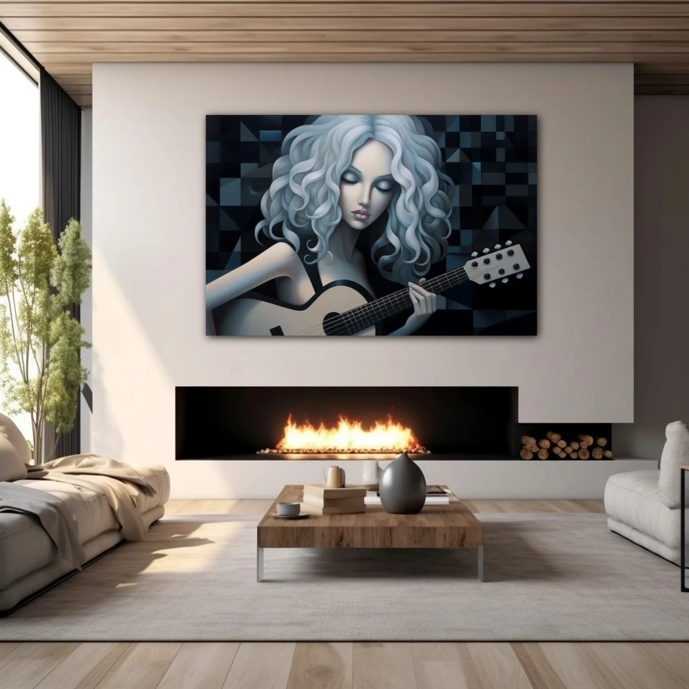 Wall Art titled: Lady Galactic in a Horizontal format with: white, Grey, and Monochromatic Colors; Decoration the Fireplace wall