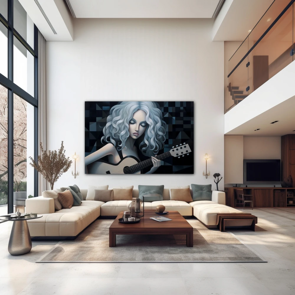 Wall Art titled: Lady Galactic in a Horizontal format with: white, Grey, and Monochromatic Colors; Decoration the Above Couch wall