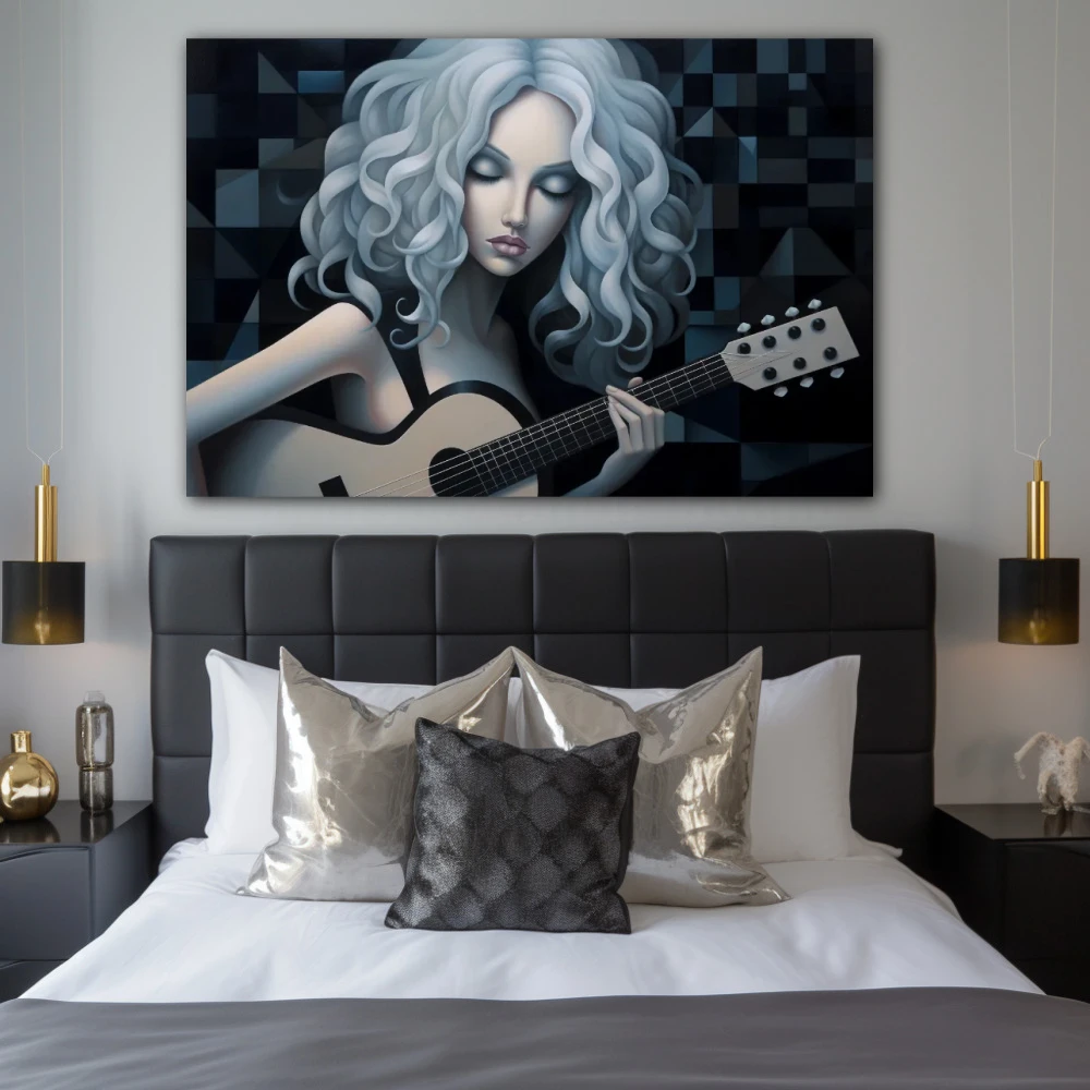 Wall Art titled: Lady Galactic in a Horizontal format with: white, Grey, and Monochromatic Colors; Decoration the Bedroom wall