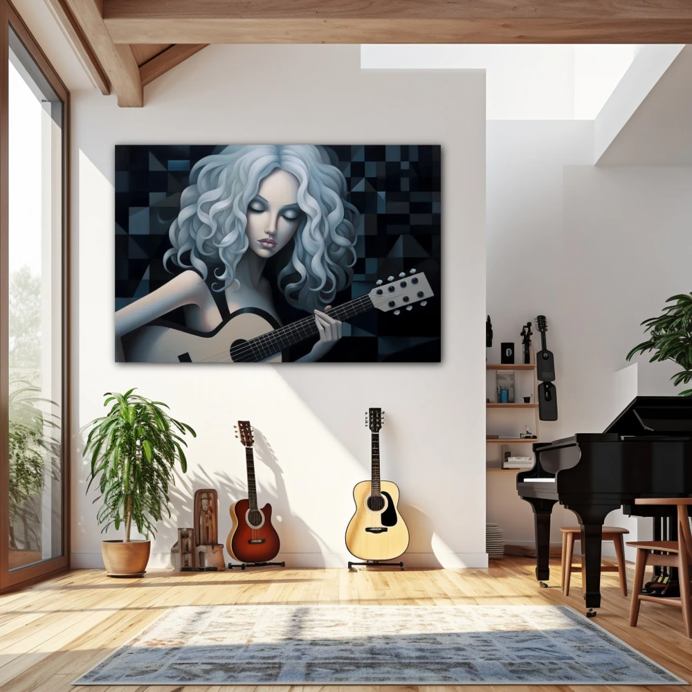 Wall Art titled: Lady Galactic in a Horizontal format with: white, Grey, and Monochromatic Colors; Decoration the Living Room wall