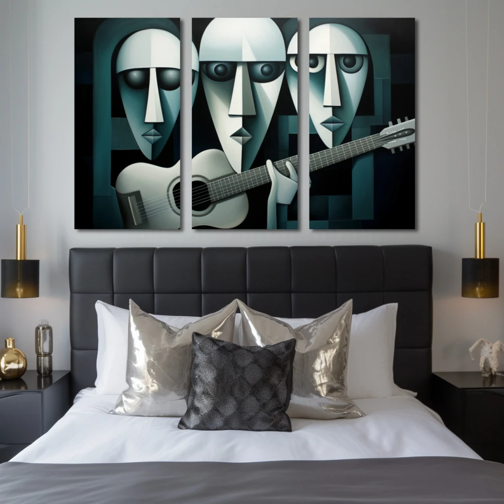 Wall Art titled: The Trio of Infinite Chords in a Horizontal format with: Green, and Monochromatic Colors; Decoration the Bedroom wall