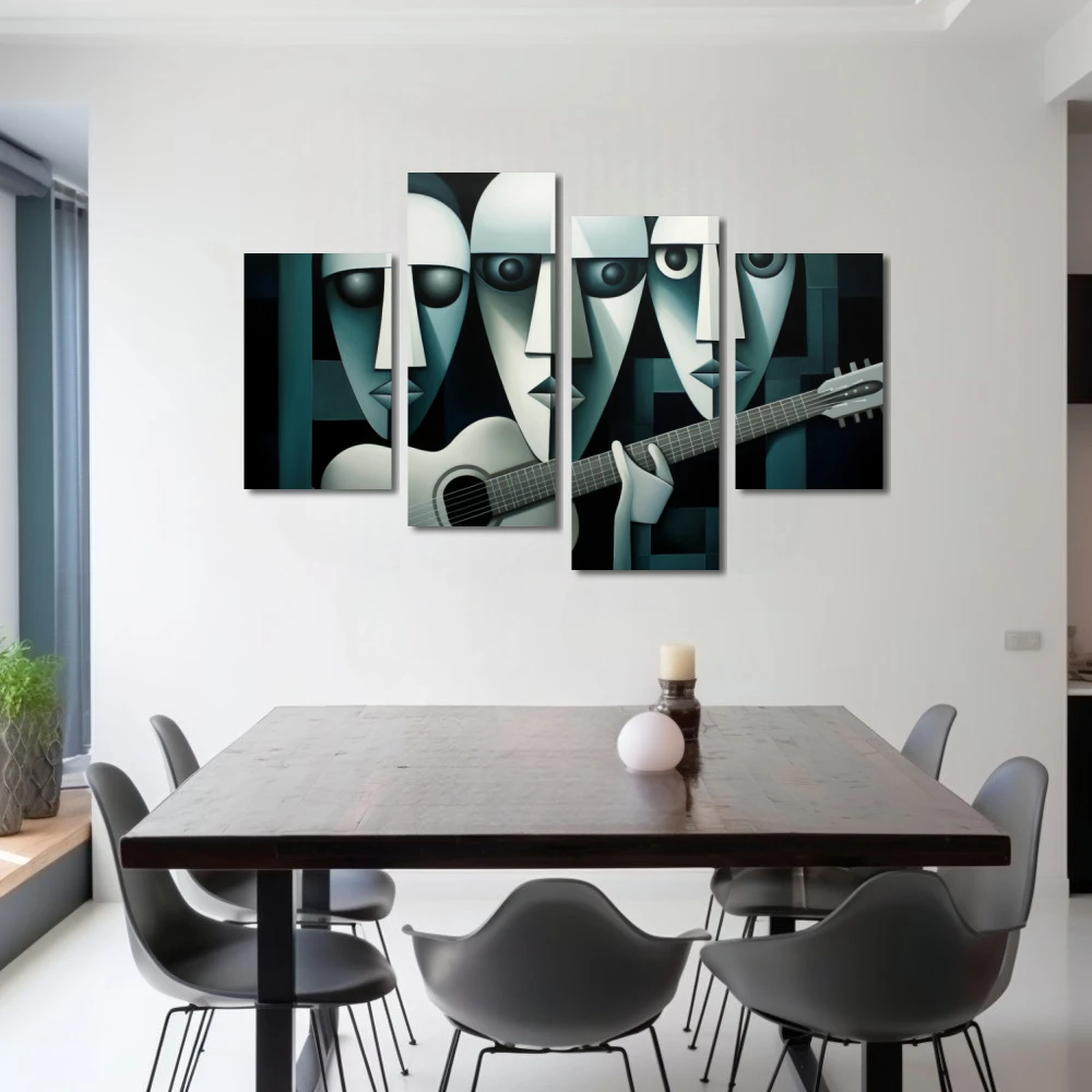 Wall Art titled: The Trio of Infinite Chords in a Horizontal format with: Green, and Monochromatic Colors; Decoration the Living Room wall