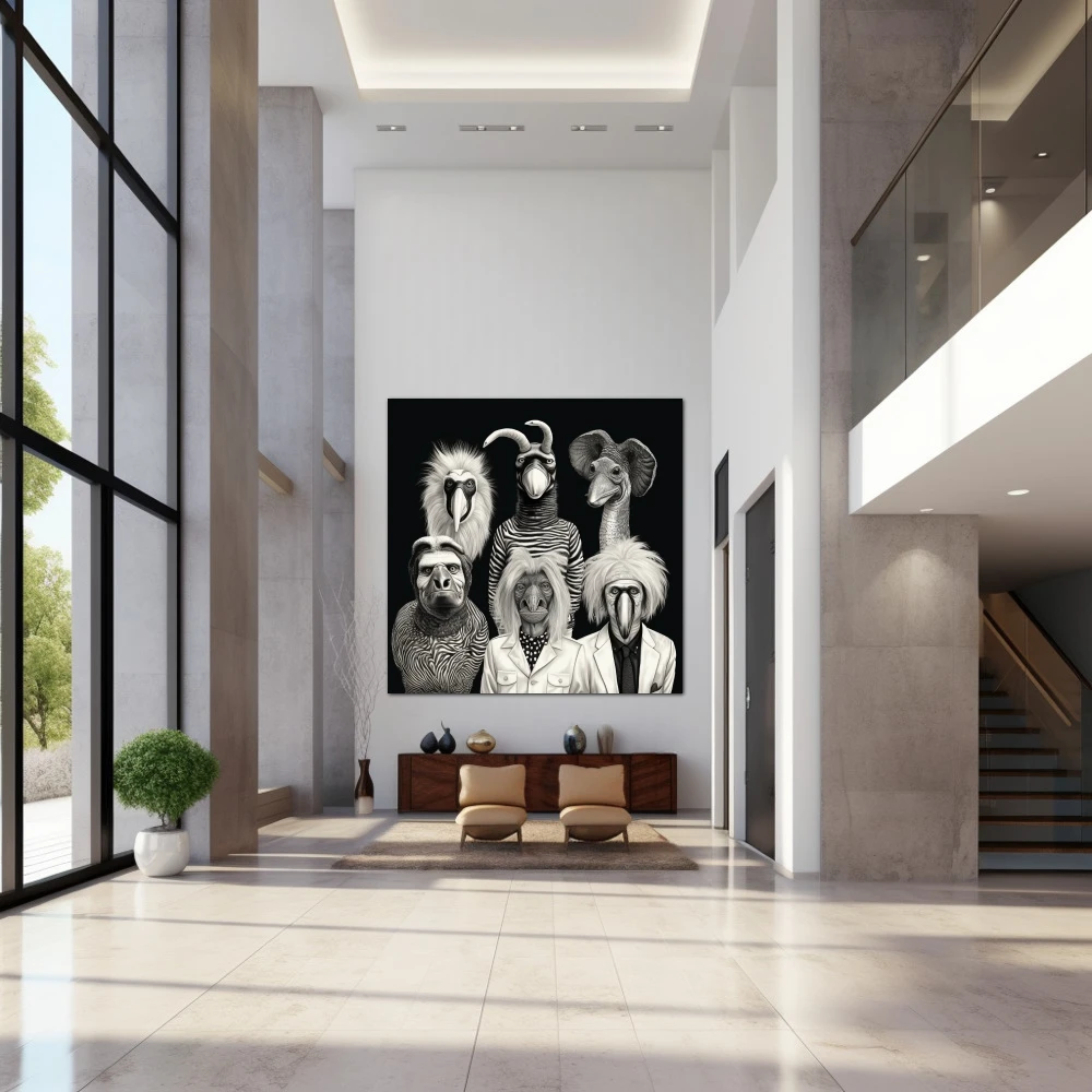 Wall Art titled: Animal Party in a Square format with: Black, Black and White, and Monochromatic Colors; Decoration the Entryway wall