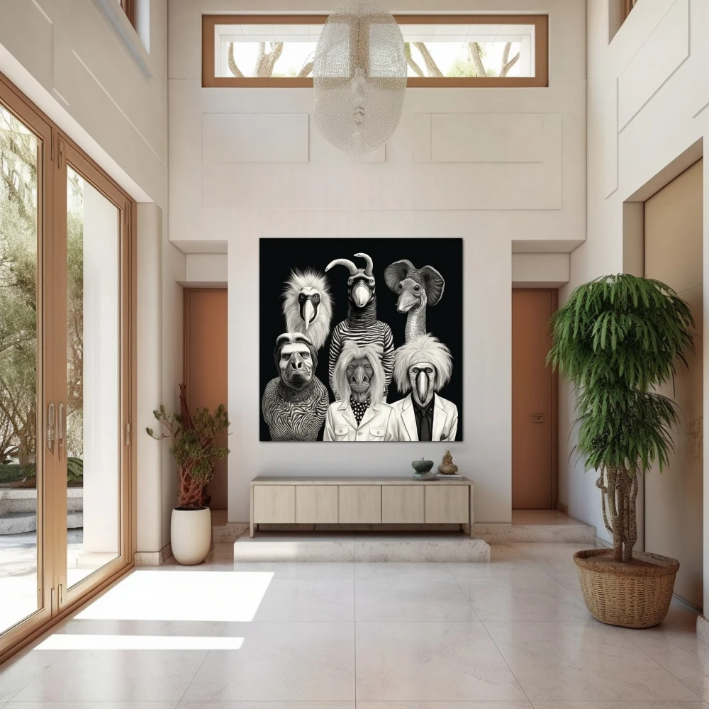 Wall Art titled: Animal Party in a Square format with: Black, Black and White, and Monochromatic Colors; Decoration the Entryway wall