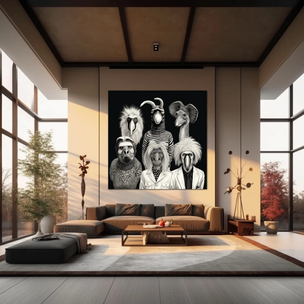 Wall Art titled: Animal Party in a Square format with: Black, Black and White, and Monochromatic Colors; Decoration the Living Room wall