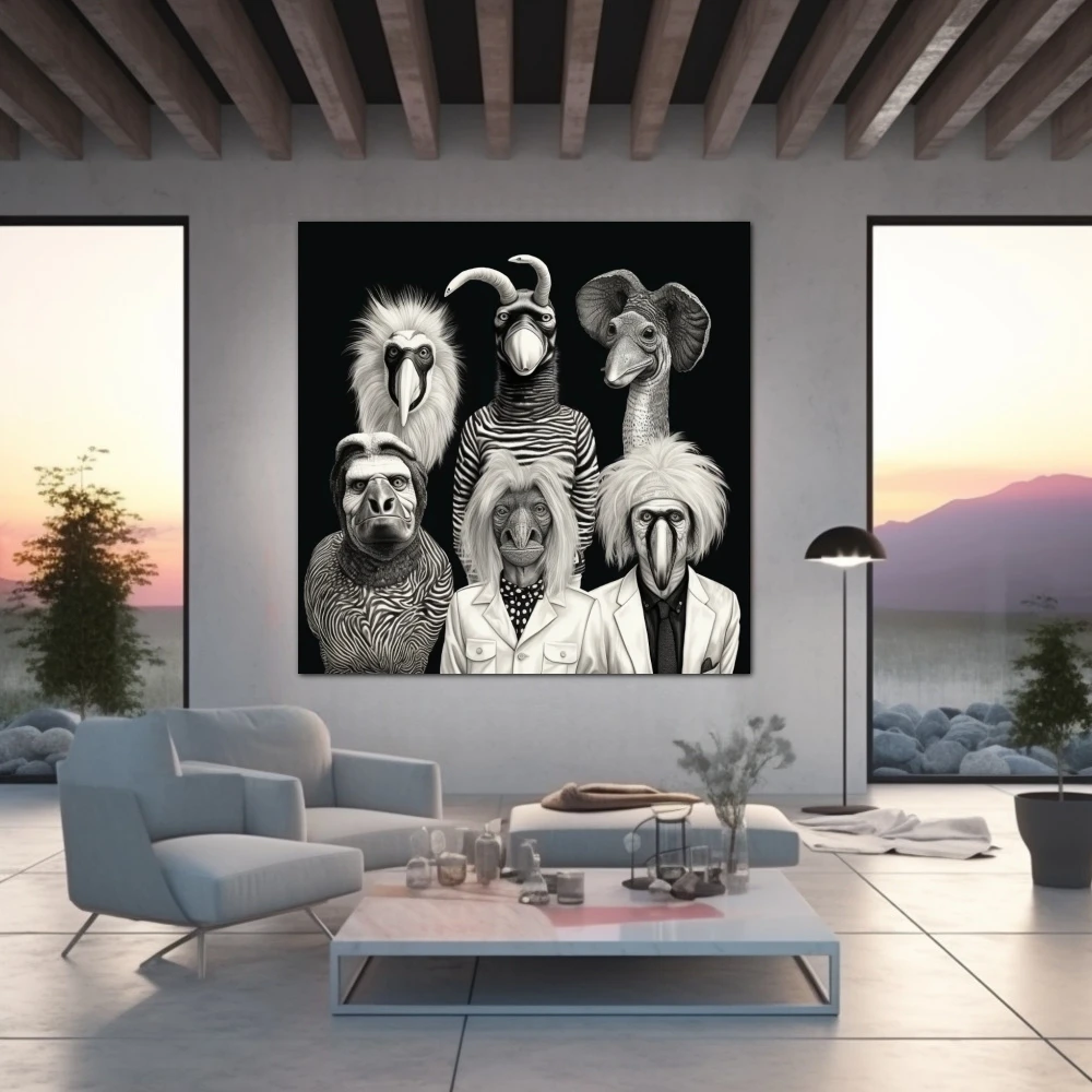 Wall Art titled: Animal Party in a Square format with: Black, Black and White, and Monochromatic Colors; Decoration the Living Room wall