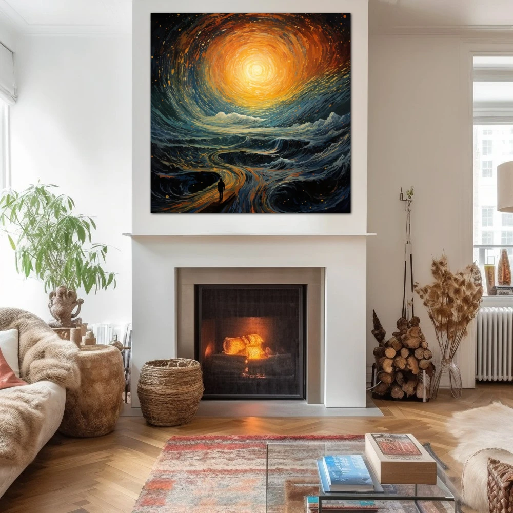 Wall Art titled: Path to Infinity in a Square format with: Yellow, Orange, and Turquoise Colors; Decoration the Fireplace wall