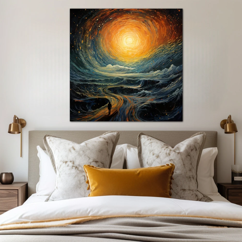 Wall Art titled: Path to Infinity in a Square format with: Yellow, Orange, and Turquoise Colors; Decoration the Bedroom wall