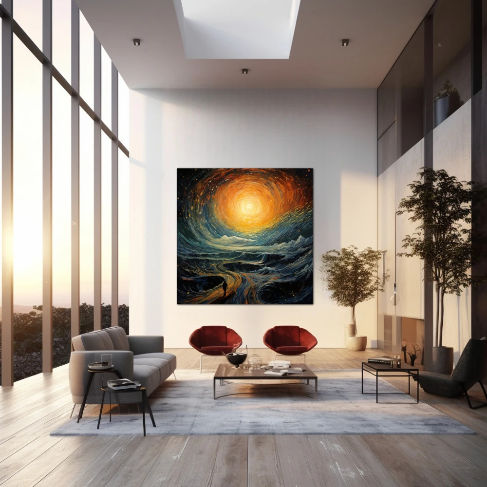 Wall Art titled: Path to Infinity in a Square format with: Yellow, Orange, and Turquoise Colors; Decoration the Living Room wall