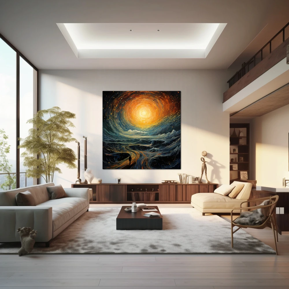 Wall Art titled: Path to Infinity in a Square format with: Yellow, Orange, and Turquoise Colors; Decoration the Living Room wall