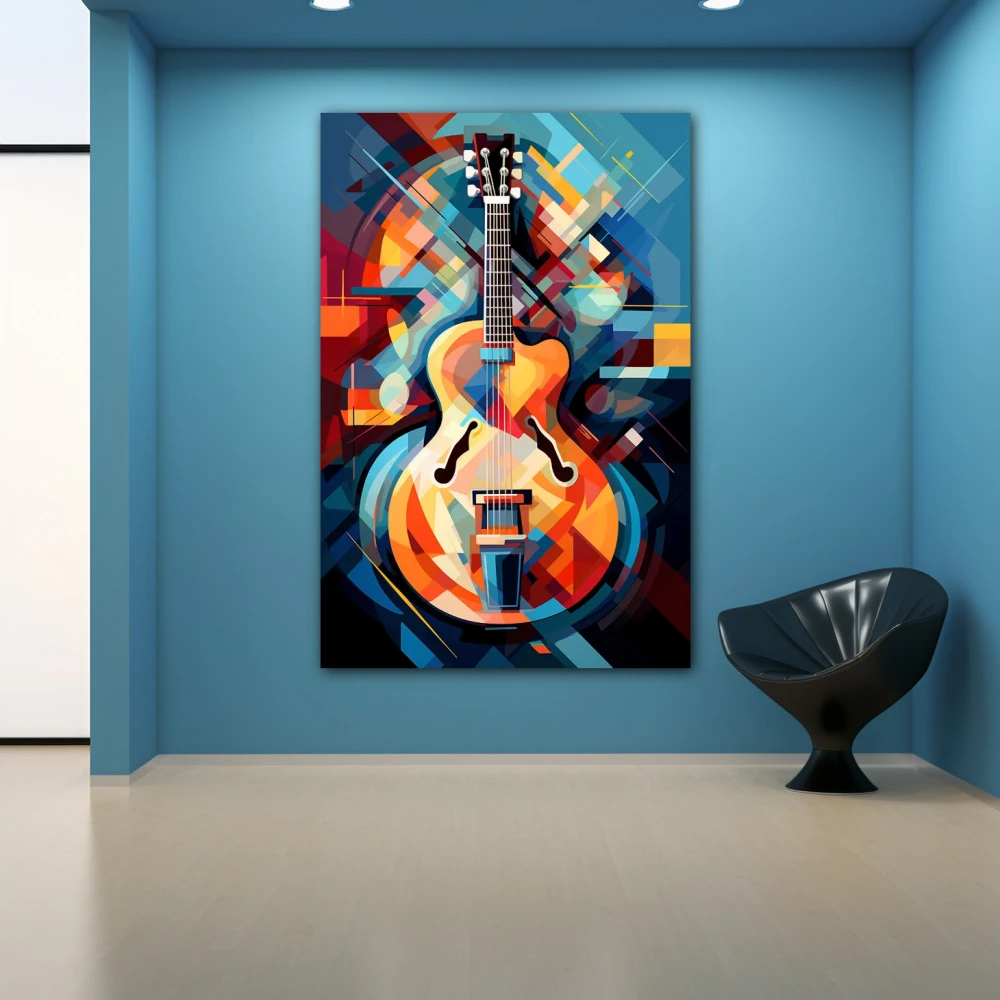 Wall Art titled: Infinite Vibrations in a Vertical format with: Blue, Orange, and Vivid Colors; Decoration the Blue Wall wall