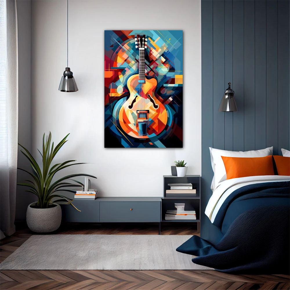 Cuadro vibraciones infinitas en formato vertical con colores azul, naranja, vivos; decorando pared de habitación dormitorio