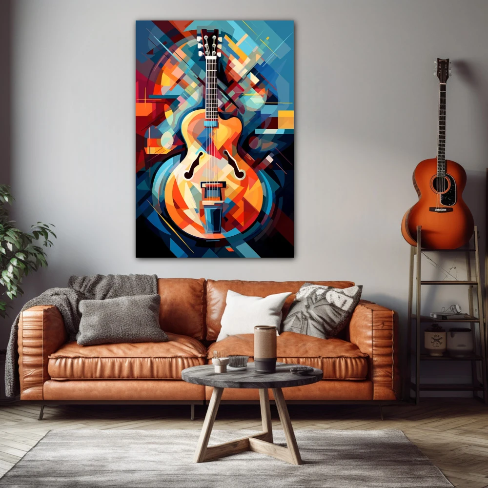 Wall Art titled: Infinite Vibrations in a Vertical format with: Blue, Orange, and Vivid Colors; Decoration the Living Room wall