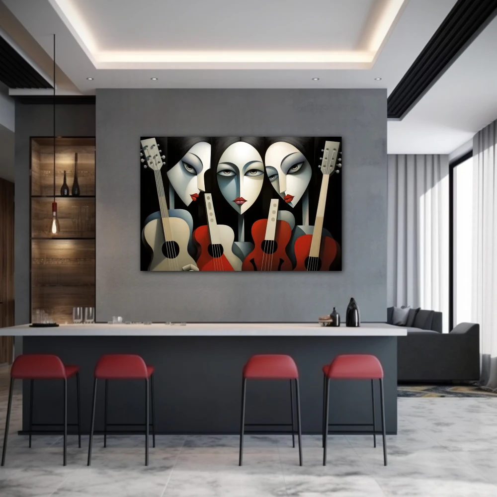 Wall Art titled: The Daughters of the Compass in a Horizontal format with: white, Black, and Red Colors; Decoration the Bar wall