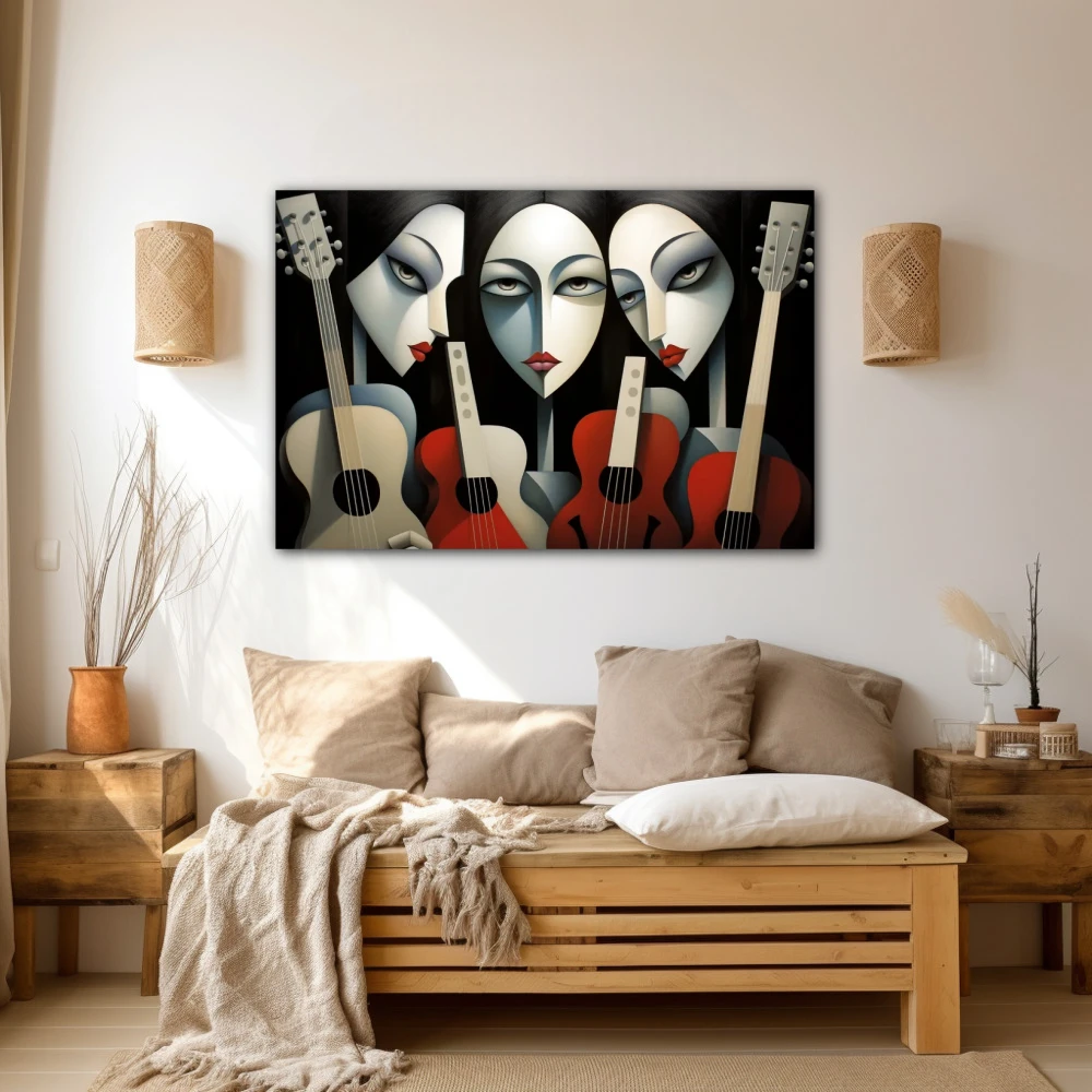 Cuadro las hijas del compás en formato horizontal con colores blanco, negro, rojo; decorando pared beige