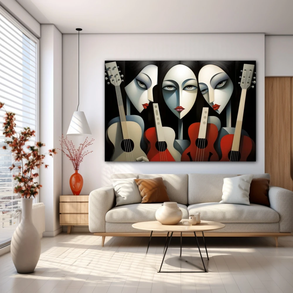 Cuadro las hijas del compás en formato horizontal con colores blanco, negro, rojo; decorando pared blanca