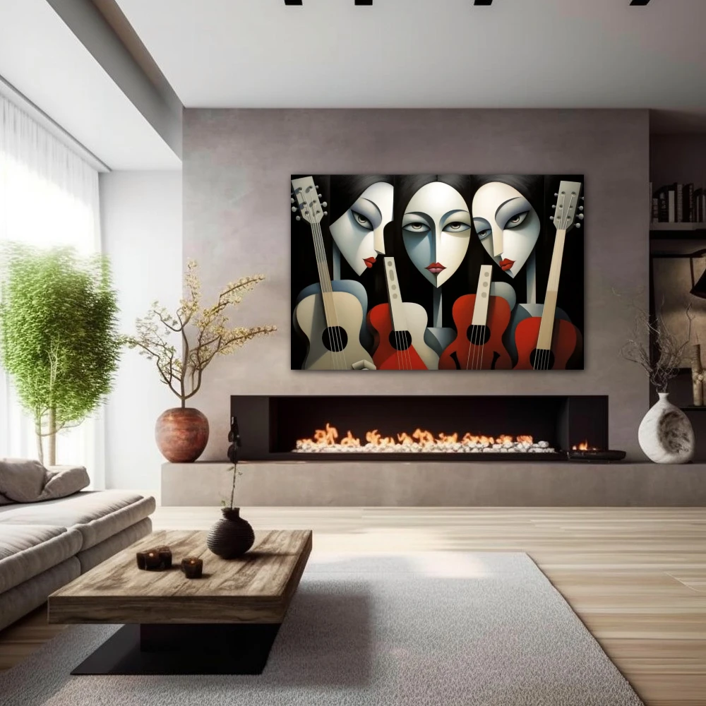Wall Art titled: The Daughters of the Compass in a Horizontal format with: white, Black, and Red Colors; Decoration the Fireplace wall