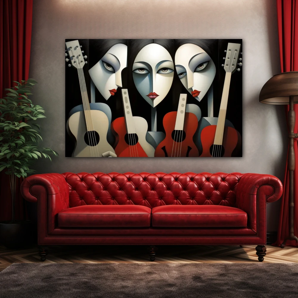 Cuadro las hijas del compás en formato horizontal con colores blanco, negro, rojo; decorando pared de encima del sofá