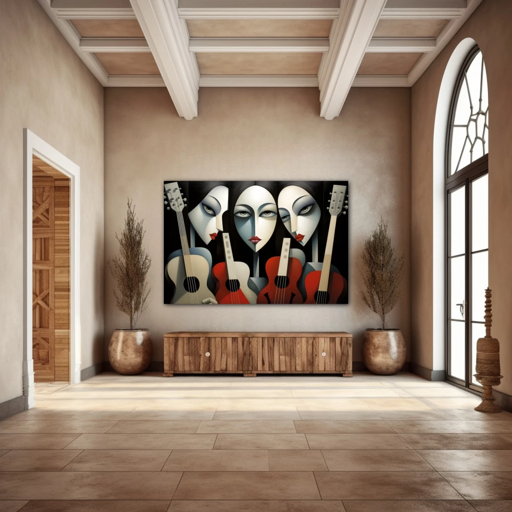Wall Art titled: The Daughters of the Compass in a Horizontal format with: white, Black, and Red Colors; Decoration the Entryway wall