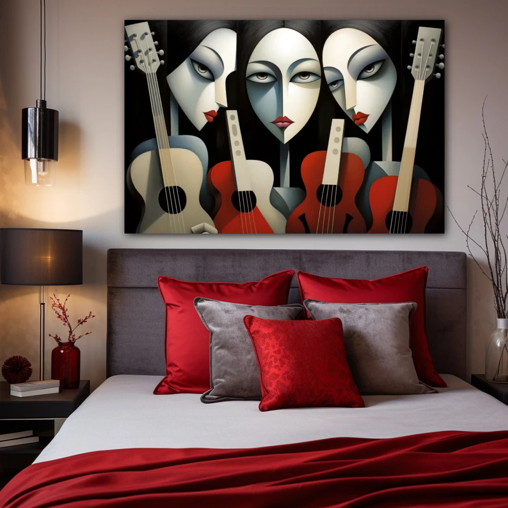Cuadro las hijas del compás en formato horizontal con colores blanco, negro, rojo; decorando pared de habitación dormitorio