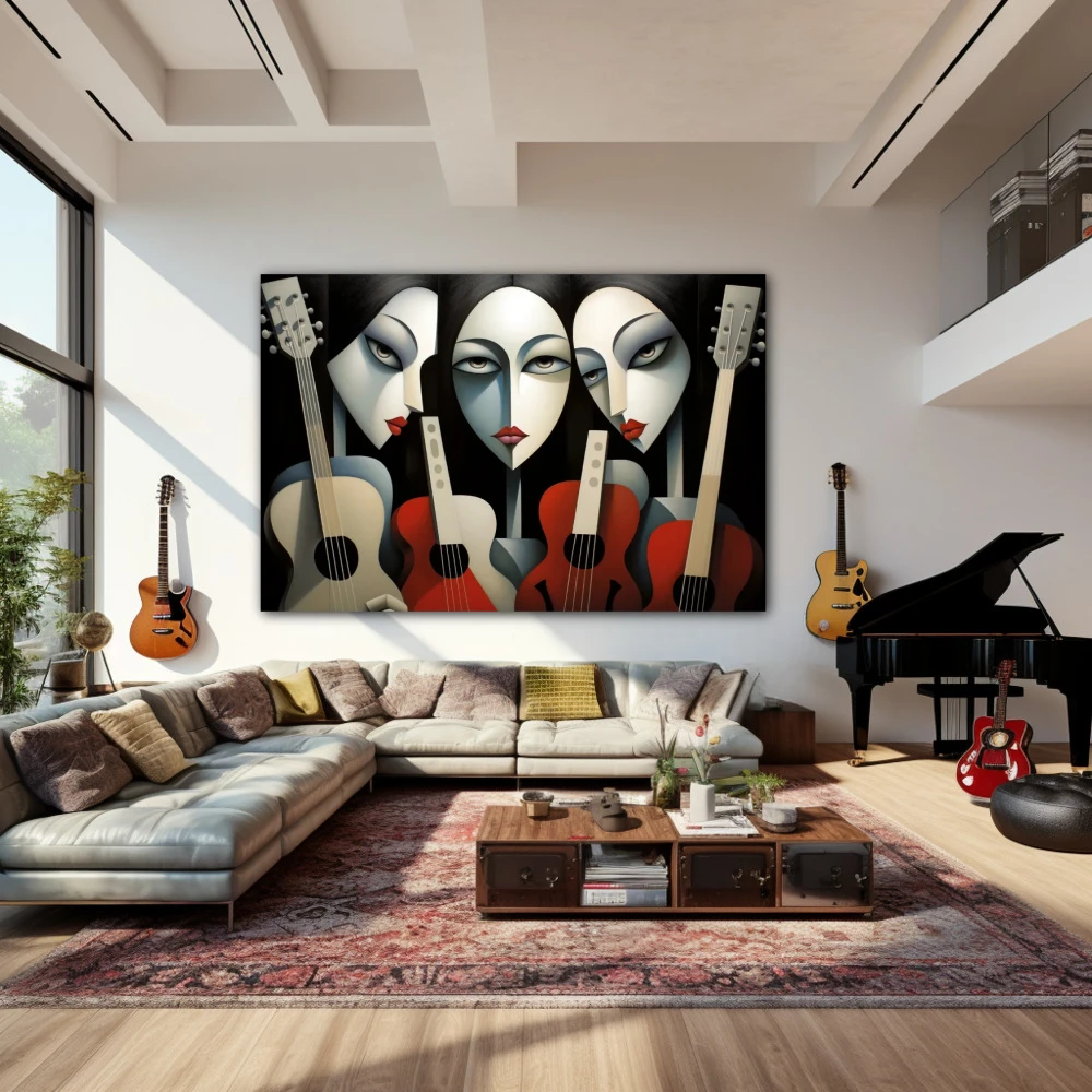 Wall Art titled: The Daughters of the Compass in a Horizontal format with: white, Black, and Red Colors; Decoration the Living Room wall