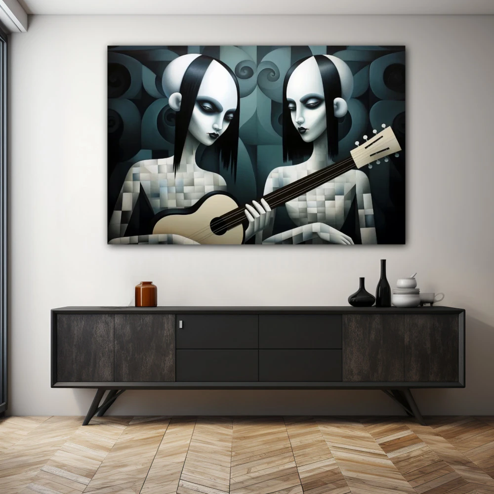 Wall Art titled: The Gotiks Sisters in a Horizontal format with: white, Grey, and Monochromatic Colors; Decoration the Sideboard wall