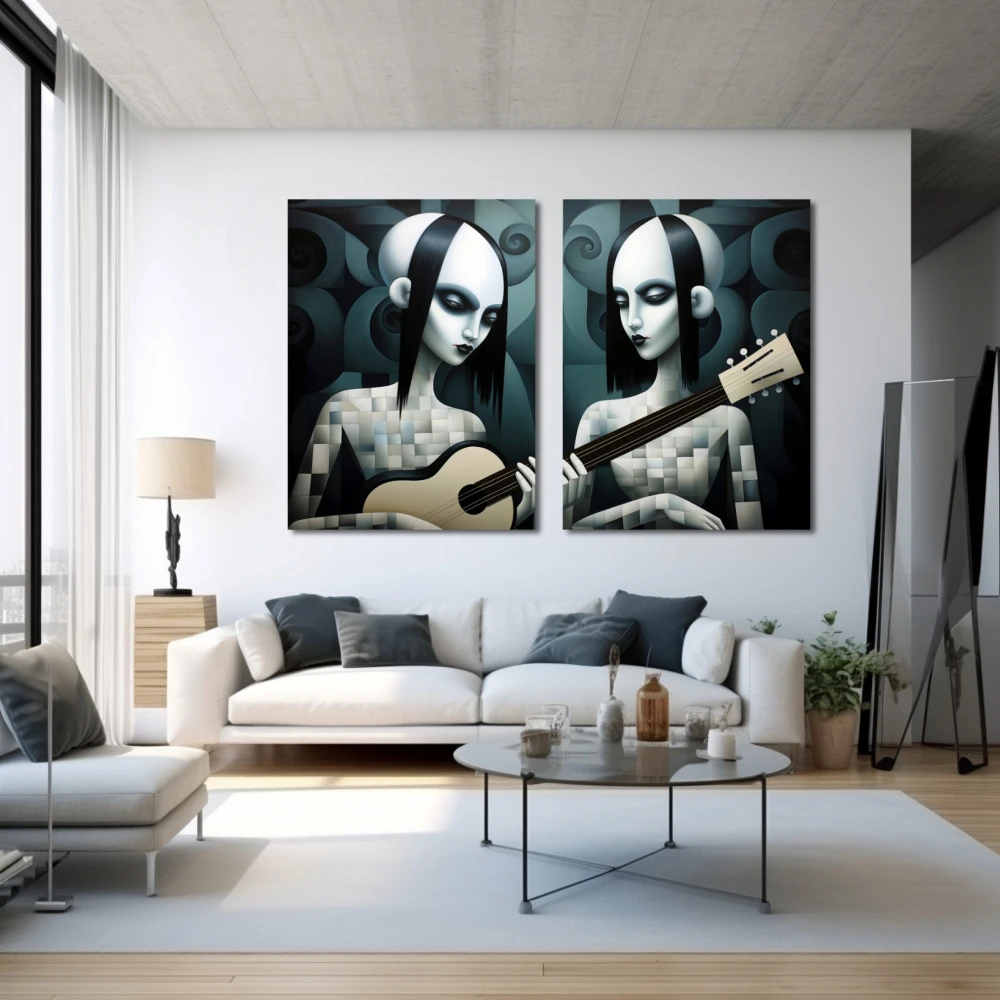 Wall Art titled: The Gotiks Sisters in a Horizontal format with: white, Grey, and Monochromatic Colors; Decoration the White Wall wall