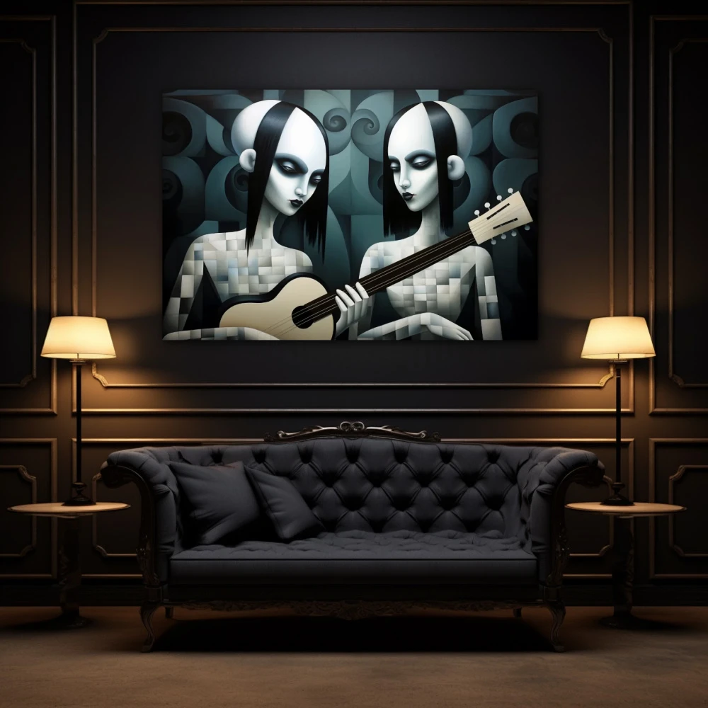 Cuadro the gotiks sisters en formato horizontal con colores blanco, gris, monocromático; decorando pared de encima del sofá