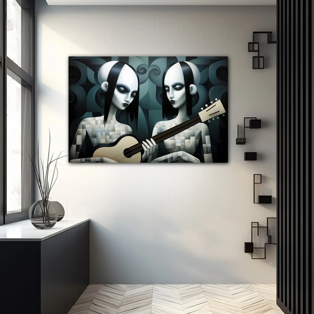 Cuadro the gotiks sisters en formato horizontal con colores blanco, gris, monocromático; decorando pared gris