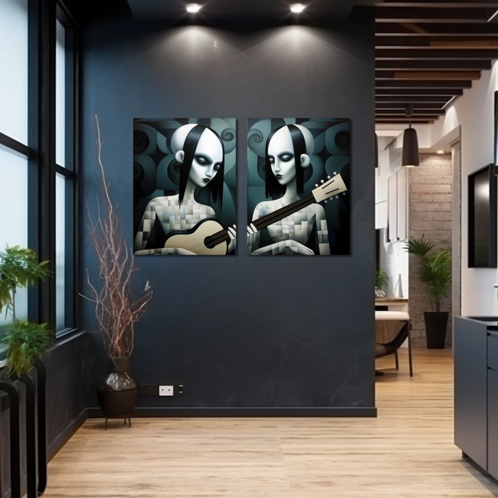 Wall Art titled: The Gotiks Sisters in a Horizontal format with: white, Grey, and Monochromatic Colors; Decoration the Grey Walls wall