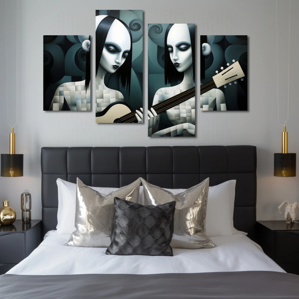 Cuadro the gotiks sisters en formato políptico con colores blanco, gris, monocromático; decorando pared de habitación dormitorio