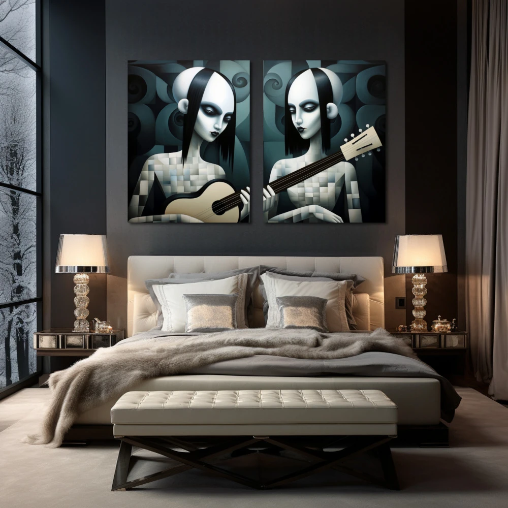 Cuadro the gotiks sisters en formato díptico con colores blanco, gris, monocromático; decorando pared de habitación dormitorio