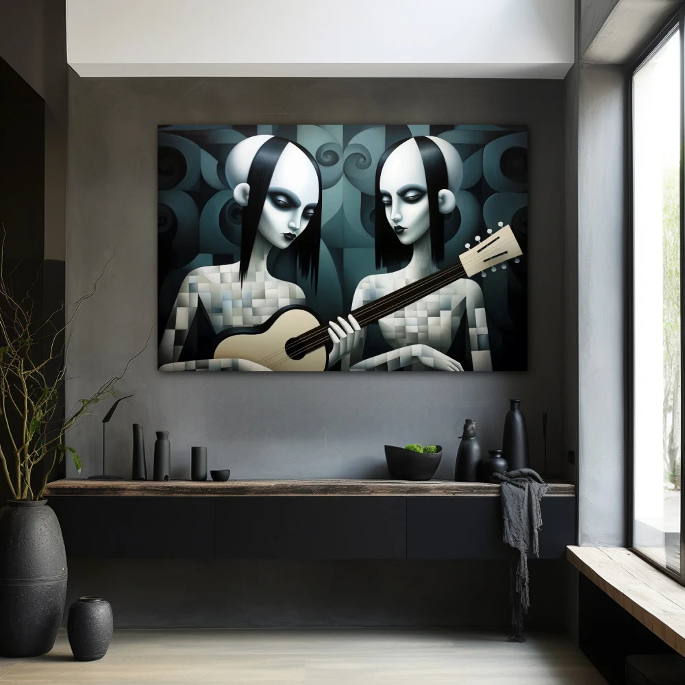Wall Art titled: The Gotiks Sisters in a Horizontal format with: white, Grey, and Monochromatic Colors; Decoration the Black Walls wall
