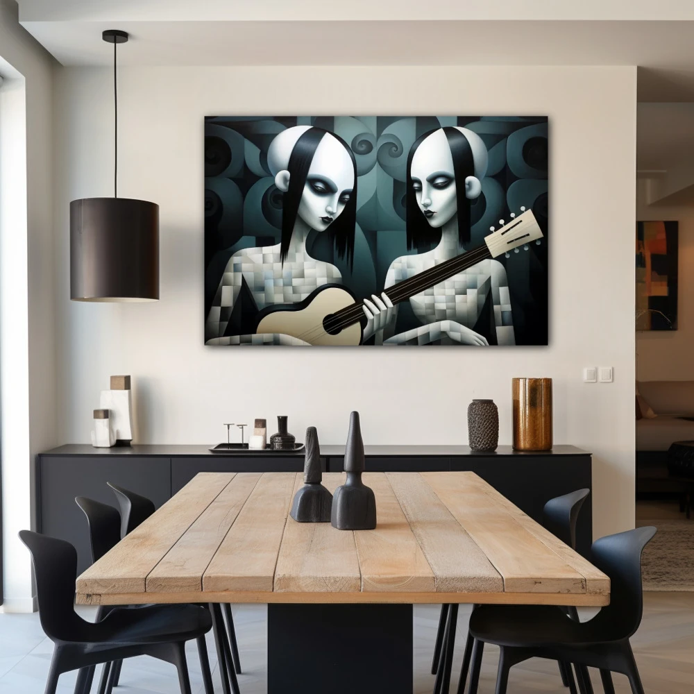 Cuadro the gotiks sisters en formato horizontal con colores blanco, gris, monocromático; decorando pared de salón comedor