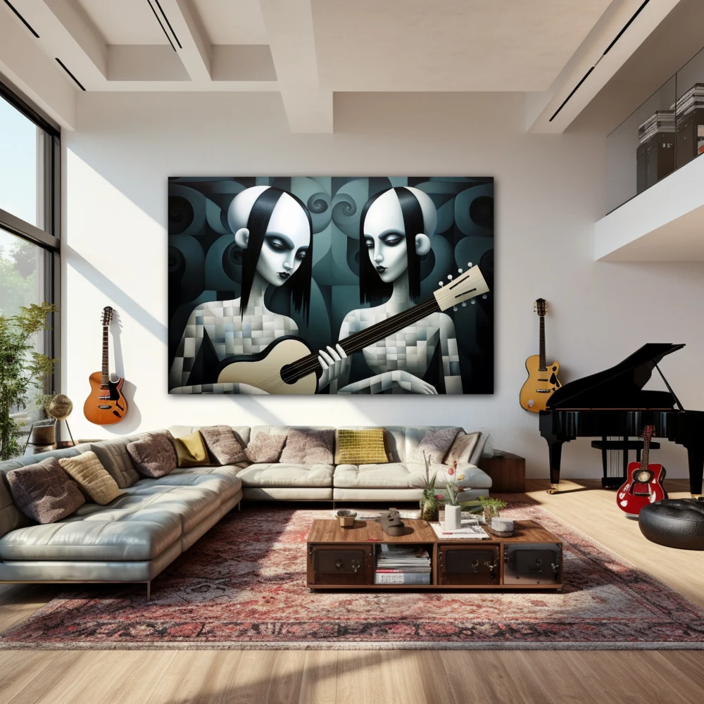 Wall Art titled: The Gotiks Sisters in a Horizontal format with: white, Grey, and Monochromatic Colors; Decoration the Living Room wall