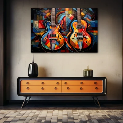 Cuadro Dueto de armonías vibrantes en formato horizontal con colores Azul, Naranja, Vivos; Decorando pared de Aparador